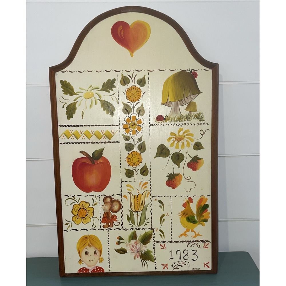 Vintage/antique 1983 Homemade Folk Art‎ Fruit Mushroom Painted On Wood Board.